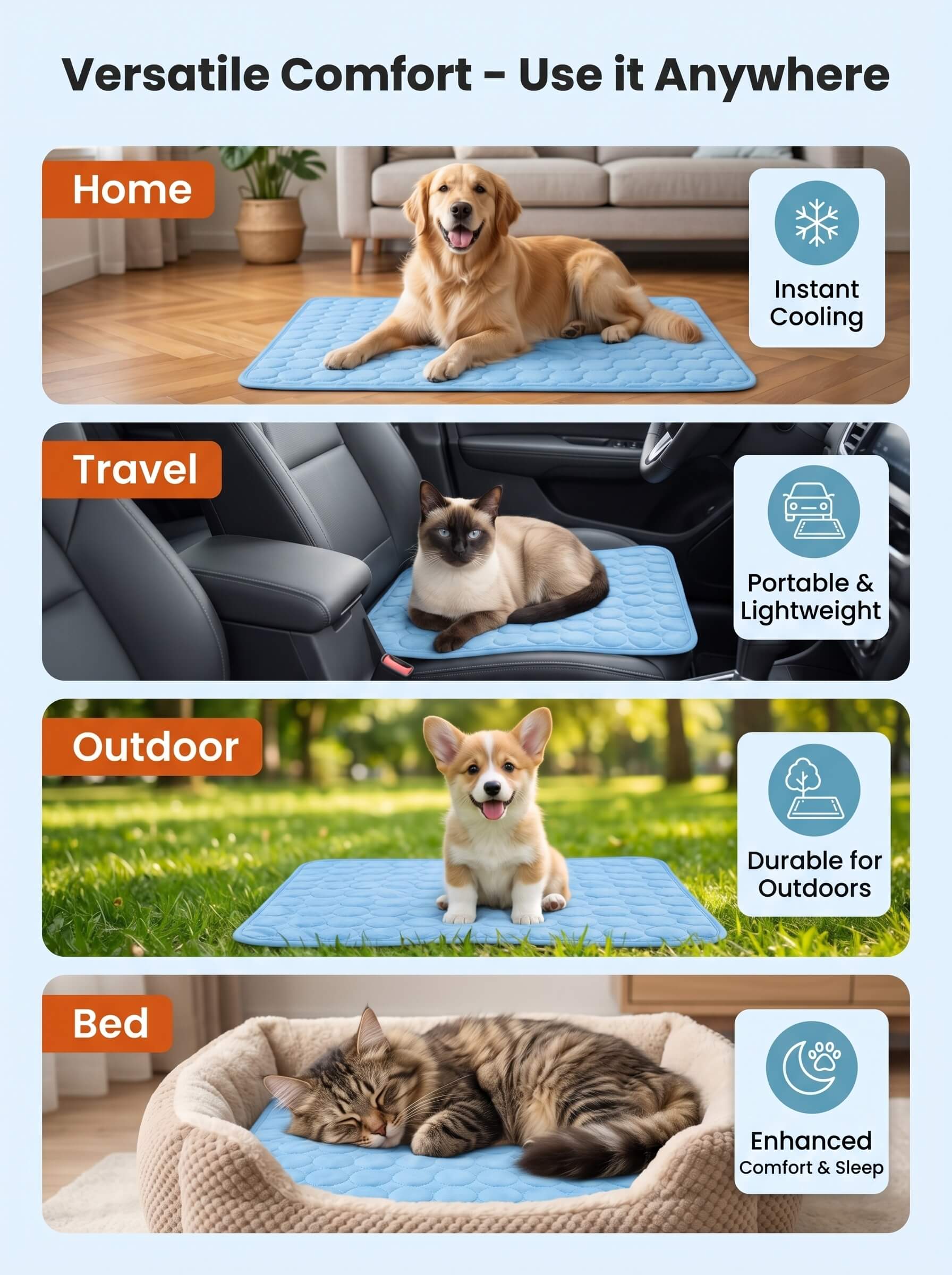 Self-Cooling Dog Bed Mat | Washable Summer Pet Blanket for Dogs, Cats & Puppies