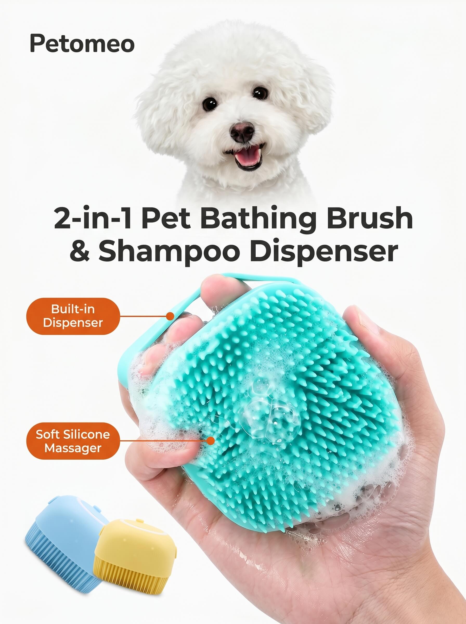 2-in-1 Pet Bathing Brush & Shampoo Dispenser – Soft Silicone Grooming Massager