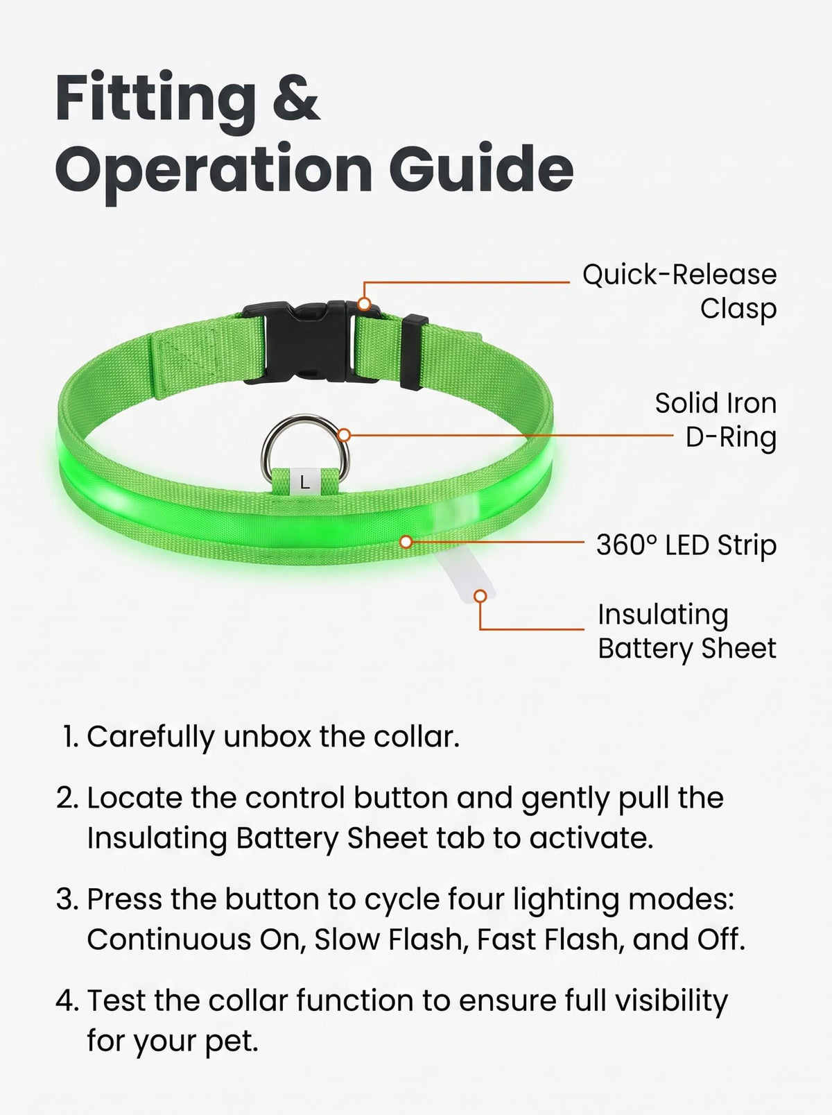 LED Dog Collar | Glow in the Dark Safety Collar with 4 Flashing Light Modes for Night Walking