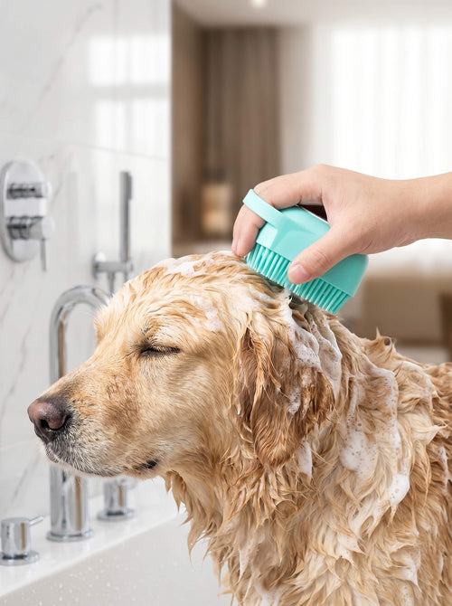 2-in-1 Pet Bathing Brush & Shampoo Dispenser – Soft Silicone Grooming Massager