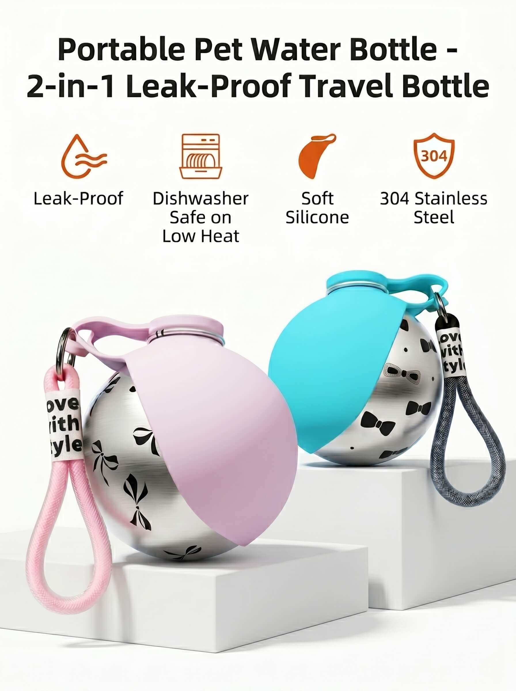 Portable Pet Water Bottle - 2-in-1 Leak-Proof Travel Bottle with Stainless Steel & Silicone Bowl